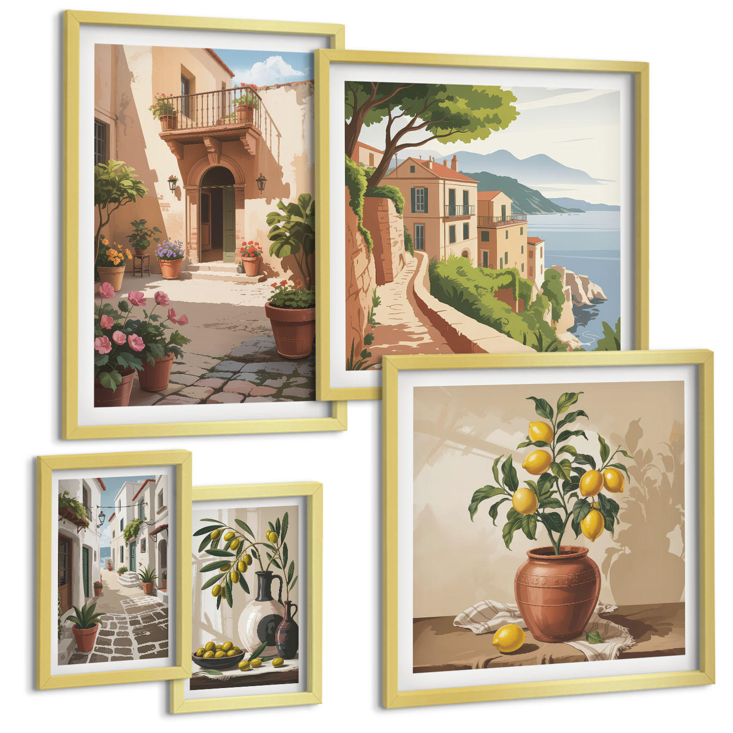 BILDER SET 5er Set - 50x50 cm & 20x30 cm & 40x60 cm Goldrahmen - Zitronenblumen im Topf, Straßen - Goldfarben, Kunststoff (40/60cm) - TULUP