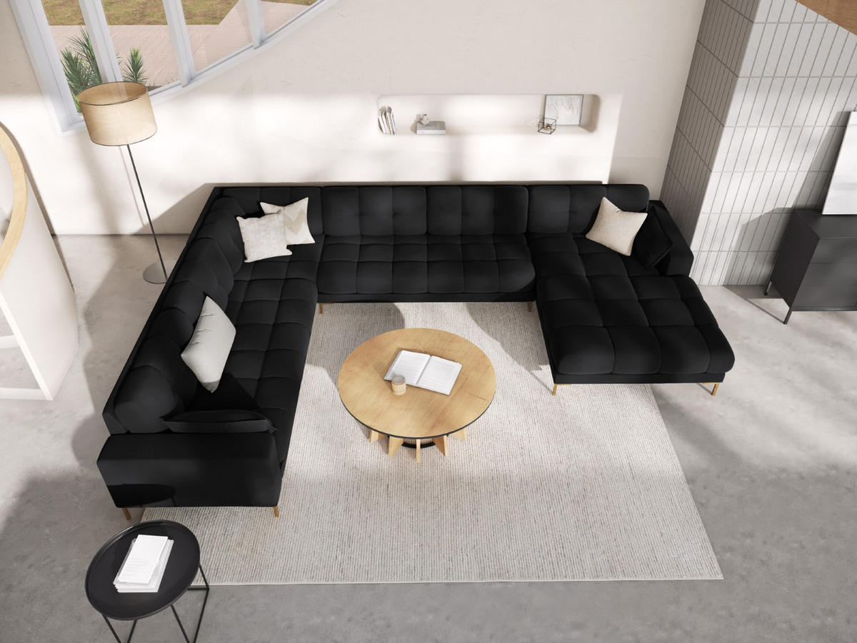 PANORAMASOFA links Mamaia aus Samt schwarz 7 Sitzplätze - Schwarz, Textil (256/75/327cm) - Micadoni