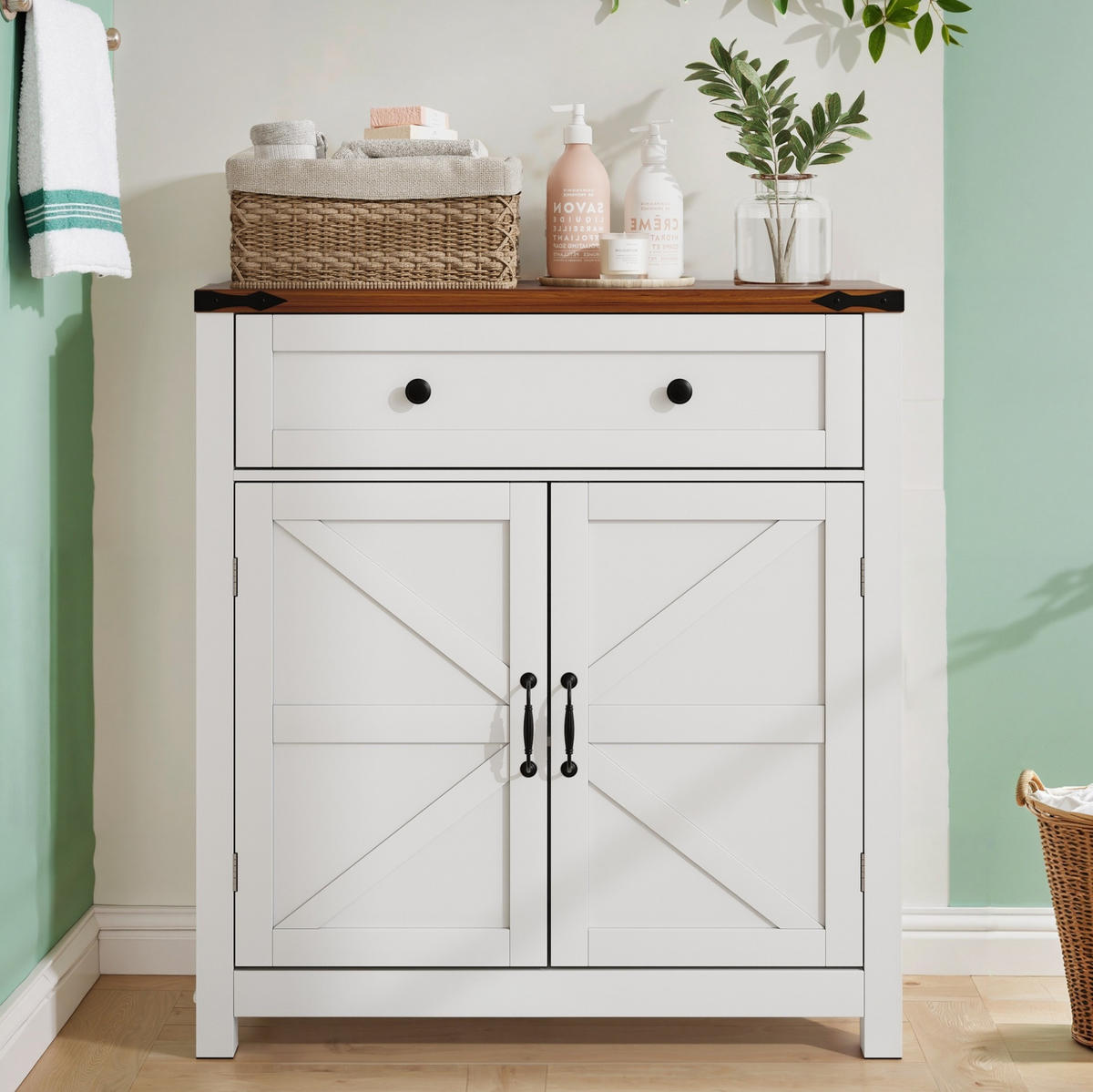 WASCHBECKENUNTERSCHRANK 76x30x83 cm Weiß & Walnuss mit Schublade, Scheunentoren & Walnussplatte - Weiß, Holzwerkstoff (76/83/30cm) - Modfu