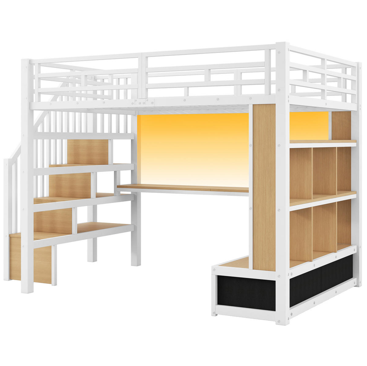 HOCHBETT 140x200 cm in Weiß mit Schreibtisch, Regalen, LED-Beleuchtung und Stauraumtreppe - Weiß, Holzwerkstoff (140/200cm) - IVMEU