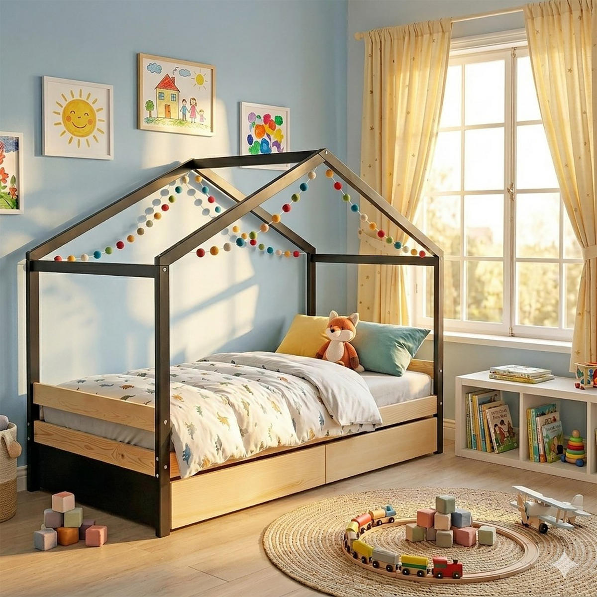 HAUSBETT ETOILE/ SPIELBETT 90x190 + 2 Schubladen - Schwarz und Naturholz - Multicolor, Holz/Holzwerkstoff (90/190cm) - Weber Industries