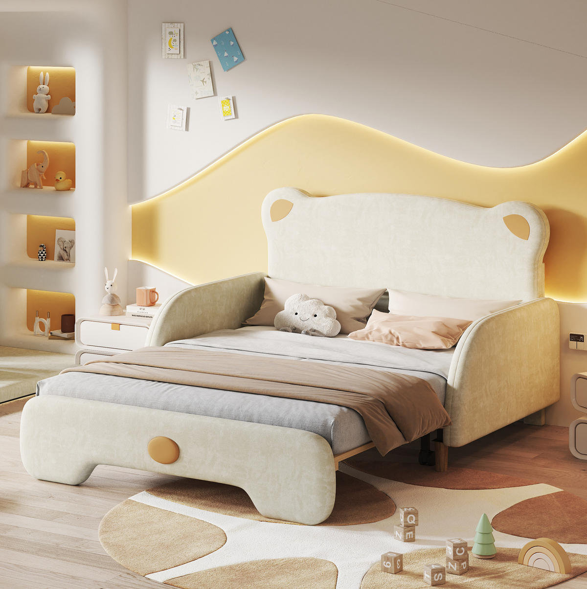 POLSTERBETT 140/200 cm in Beige aus Samt mit Bärendesign - Beige, Textil (140/200cm) - Flora Grace