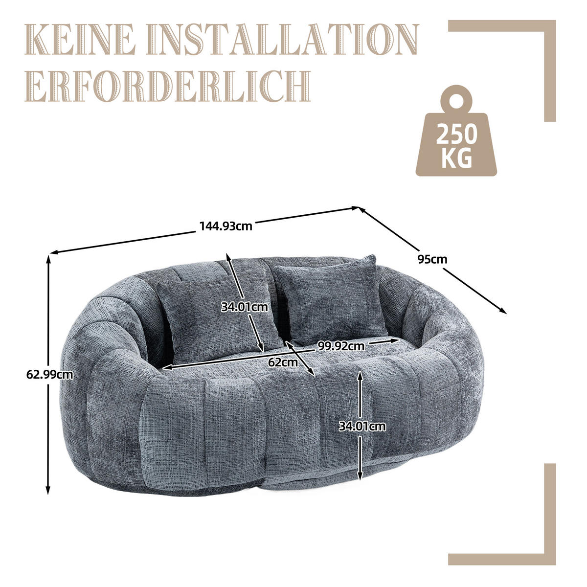 2-SITZER SOFA aus Chenille mit Memory Schaum & ohne Montage - Grau, Textil (145/63/95cm) - Urban Meuble