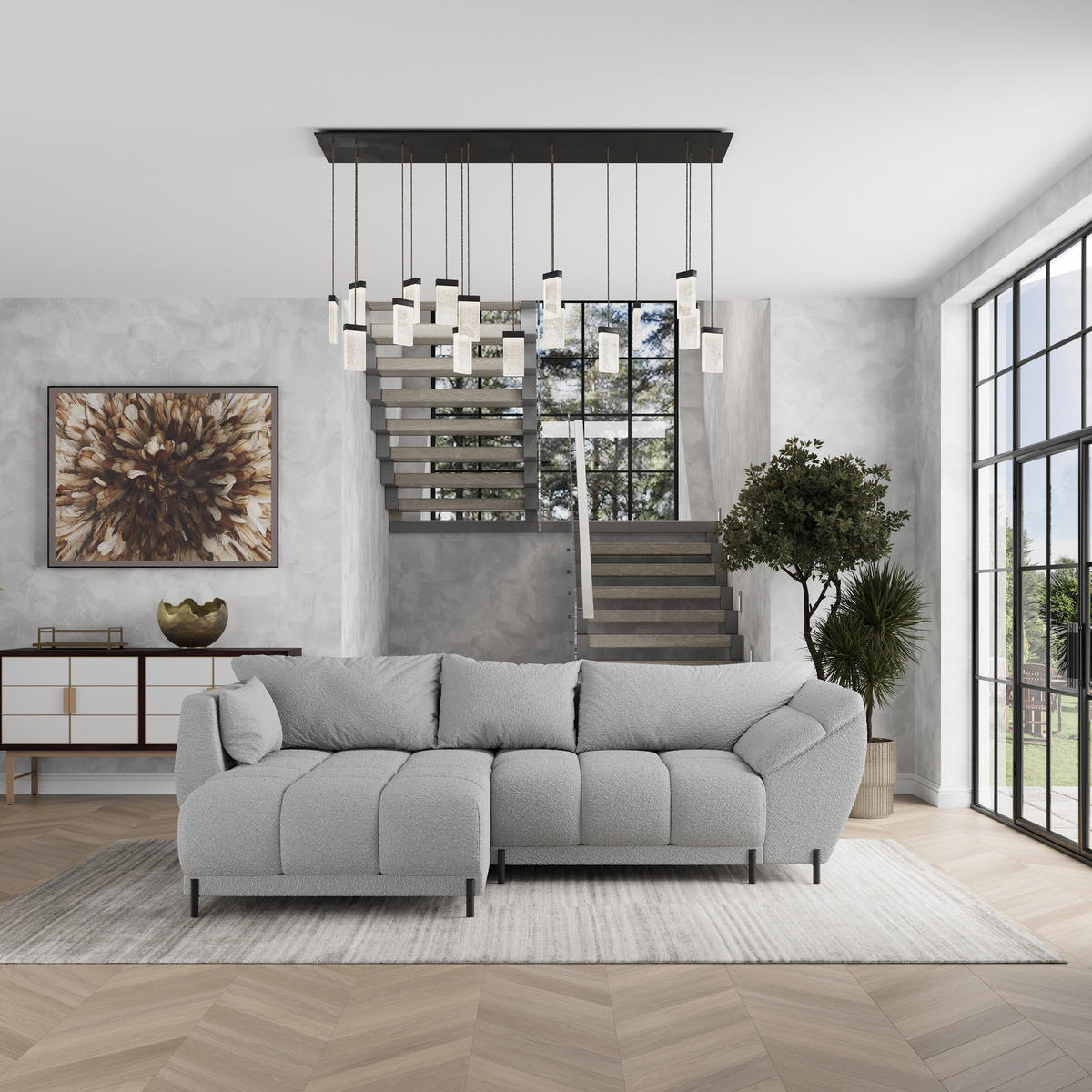 ECKSOFA VESTANO L-S Hellgrau Boucle-Stoff mit Schlaffunktion - Hellgrau, Holz (287/182cm) - MASSENO