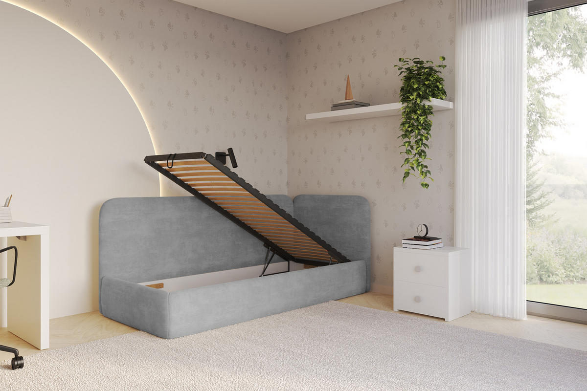 EINZELLBETT Jugendbett mit Bettkasten und Matratze H3/H4, Links - ELSY 100x200 Grau - Hellgrau, Holzwerkstoff/Textil (100/200cm) - ALTDECOR