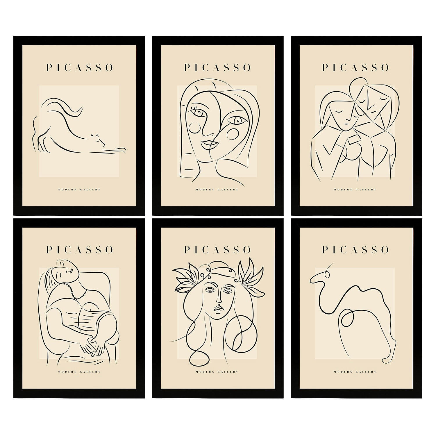 POSTER Set Mit 6 Illustrationen Von Pablo Picasso Weiblich A3 Schwarzer Rahmen - Schwarz, Papier (29/3cm) - Nacnic