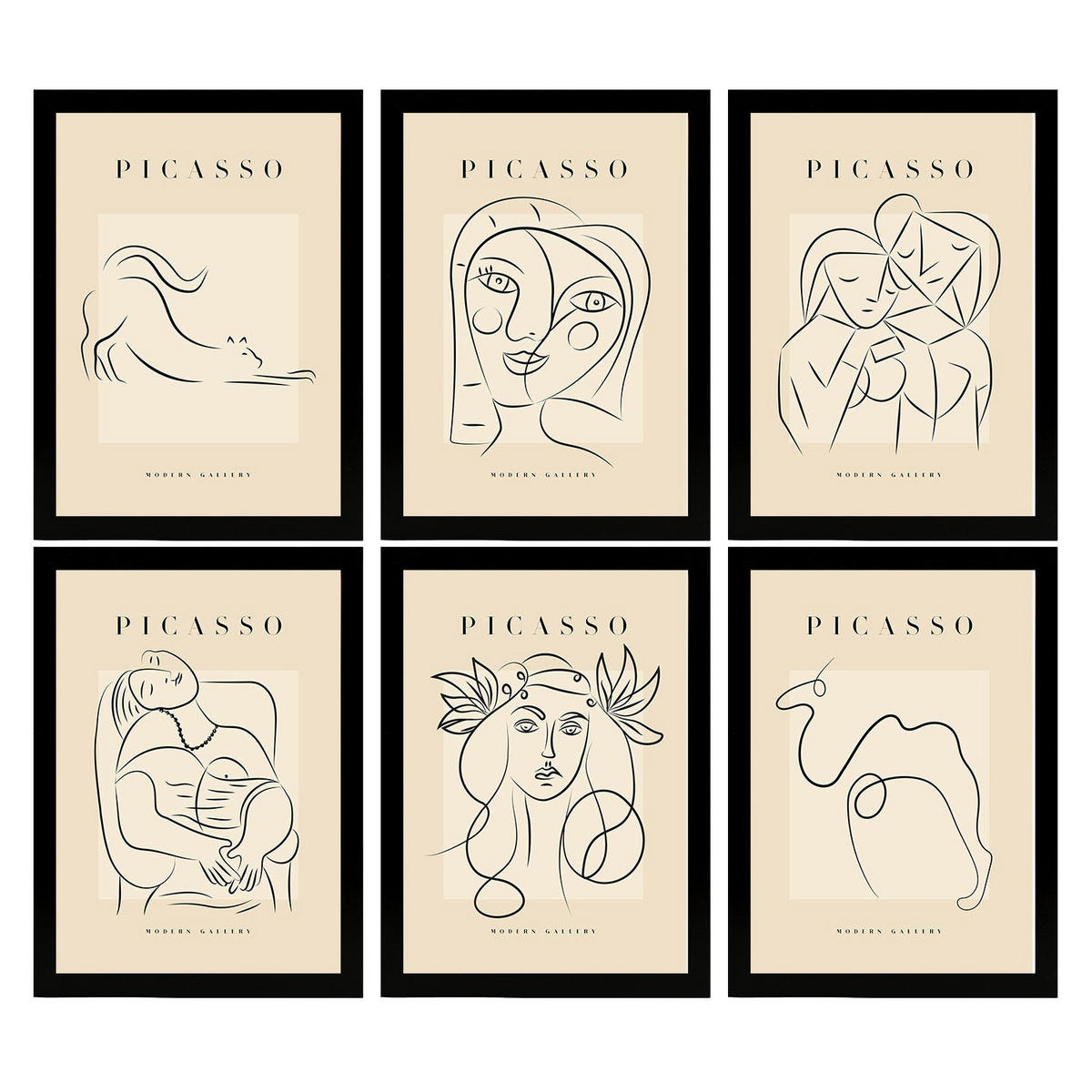 POSTER Set Mit 6 Illustrationen Von Pablo Picasso Weiblich A3 Schwarzer Rahmen - Schwarz, Papier (29/3cm) - Nacnic