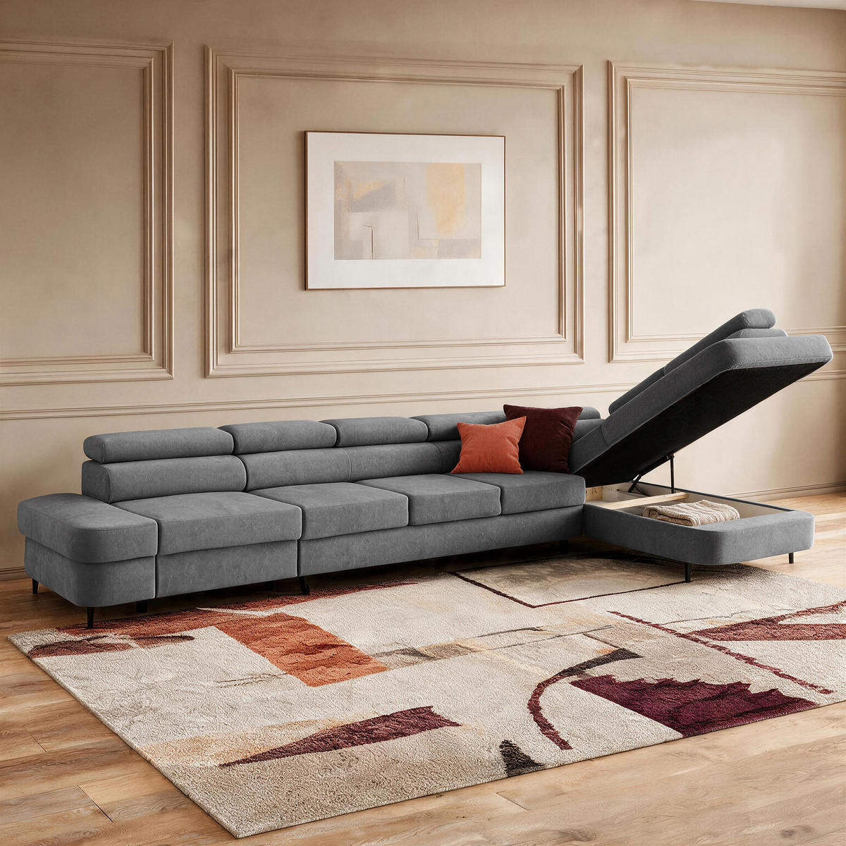 ECKSOFA PRIAM XXL L-Form Rechts mit Schlaffunktion 125x265 Velours Grau - Schwarz/Grau, Holz/Textil (420/203cm) - Muffo