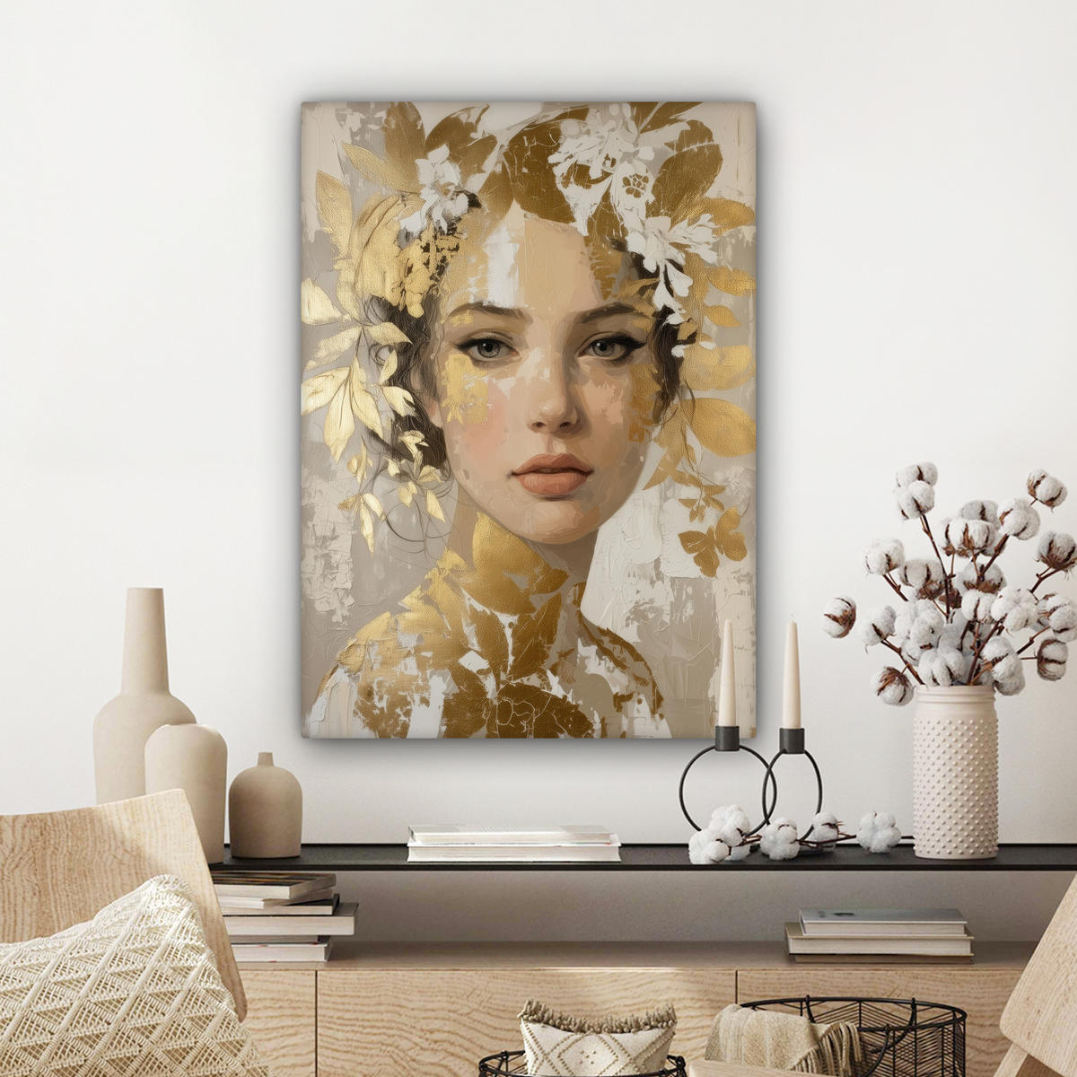 LEINWANDBILD Gesicht - Frau - Blätter - Gold Wandbild Wohnzimmer 60x80 cm - Beige, Textil (60/80cm) - MuchoWow