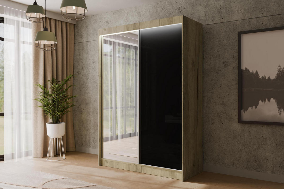 KLEIDERSCHRANK VESLI mit LED - 150 cm - Braun|Schwarz - Schwarz/Braun, Holzwerkstoff (150/215/61cm) - ALTDECOR