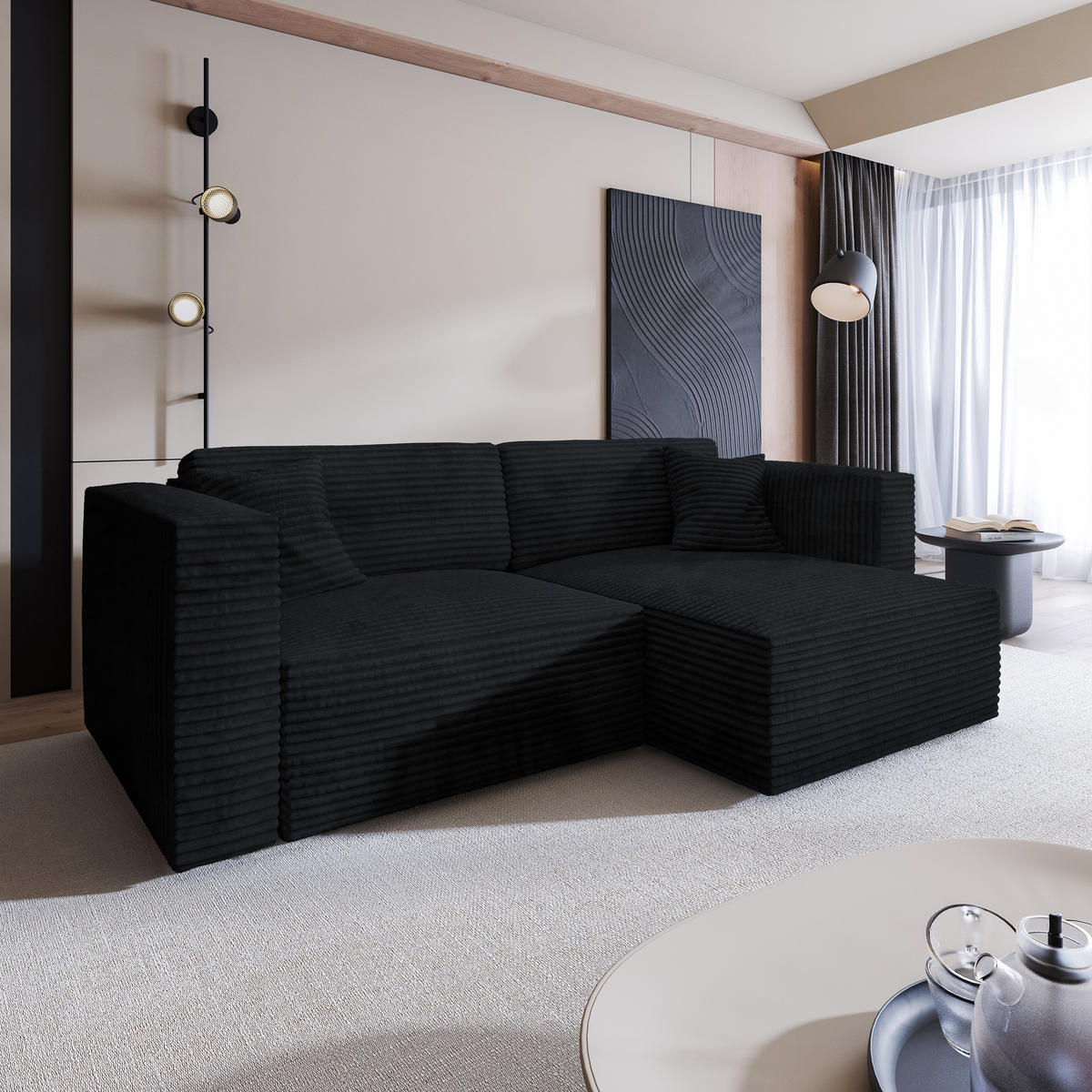 ECKSOFA NERIO Schwarz Kordstoff mit Schlaffunktion - Schwarz, Holz (245/148cm) - MASSENO