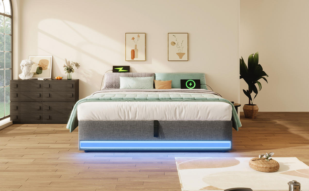 POLSTERBETT 140/200 cm Grau, mit LED-Licht, USB-Anschlüssen und hydraulischem Stauraum - Grau, Textil