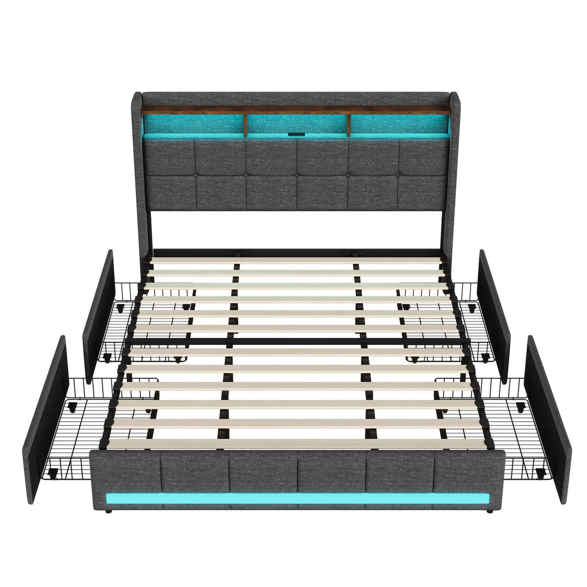 POLSTERBETT 140x200 cm LED USB Schubladen Stauraum grau - Grau, Holz (140/200cm) - LEBENLANG
