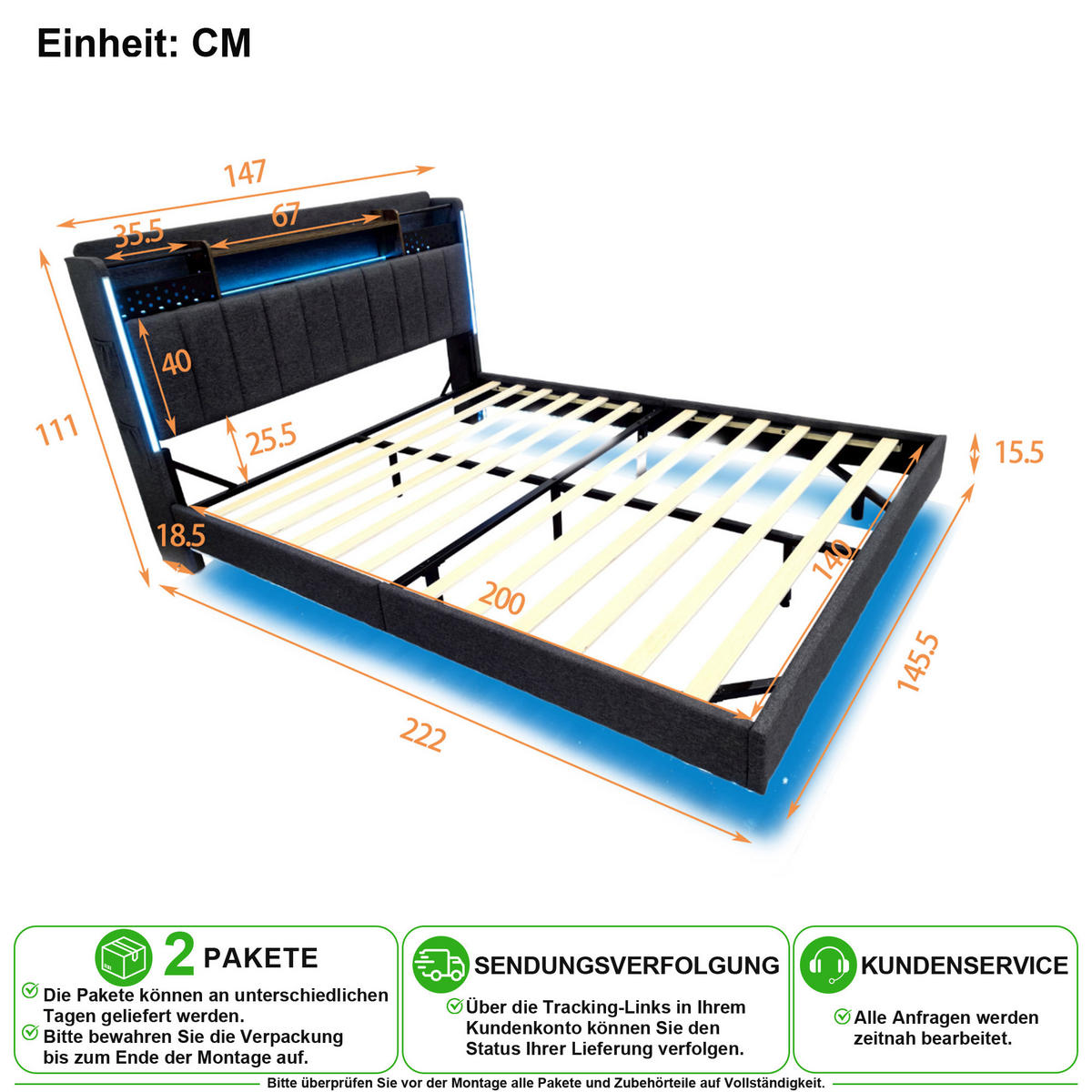POLSTERBETT 140/200 cm in Grau mit LED, USB und Stauraum Leinenstoff - Grau, Holzwerkstoff/Textil (140/200cm) - CHICFURN