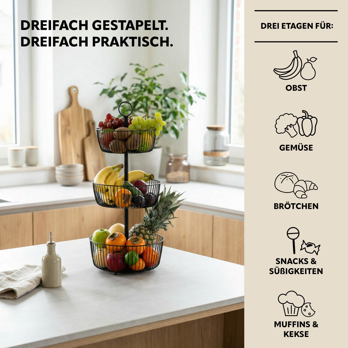 OBSTETAGERE, 3-stöckig, rund, Metall, Schwarz - Schwarz, Metall (63.5cm) - eluno