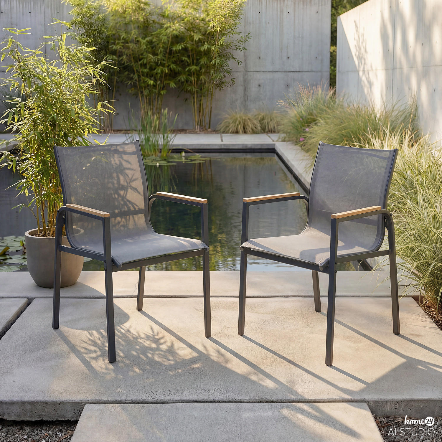 GARTENSTUHL - 2er-Set - Stahl / Olefin - Anthrazit, Textil/Metall (57/91/64cm) - home24