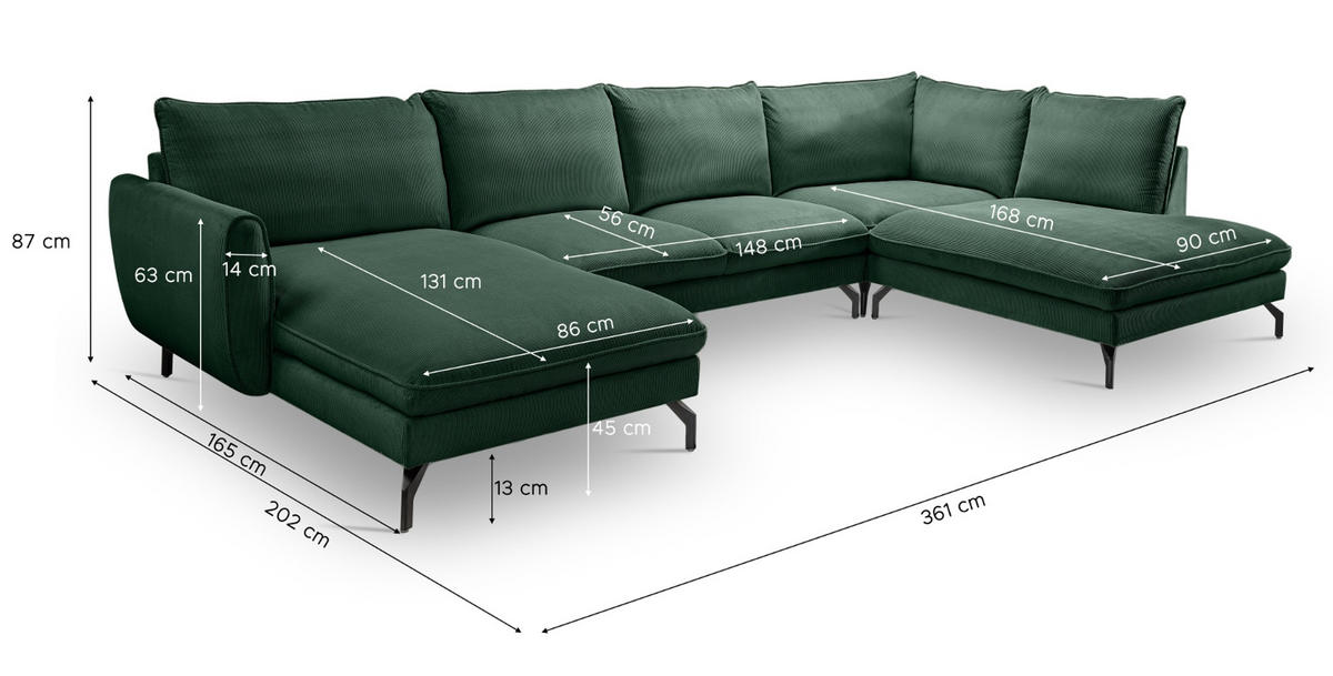 SOFA grün Cord-Stoff 202 x 361 cm, Wohnlandschaft U-Form - Dunkelgrün/Schwarz, Holz/Textil (361/87/202cm) - Inn.Furn