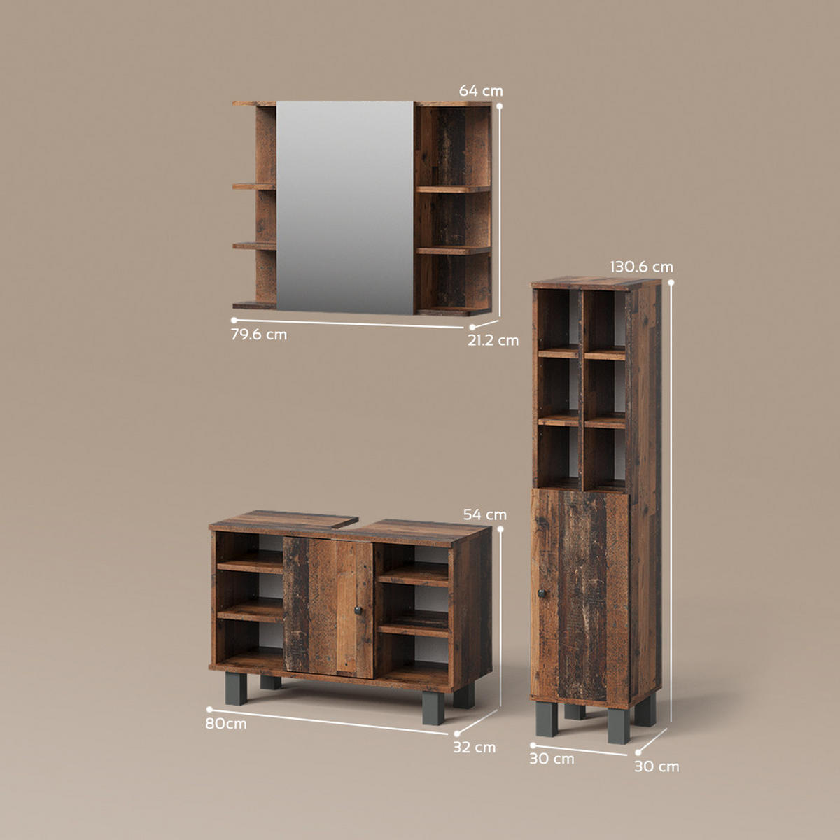BADMÖBEL-SET Fucino Eiche rustikal 3 Teile, mit Midischrank Tür groß - Wildeiche, Holzwerkstoff (80/54/32cm) - Livinity®
