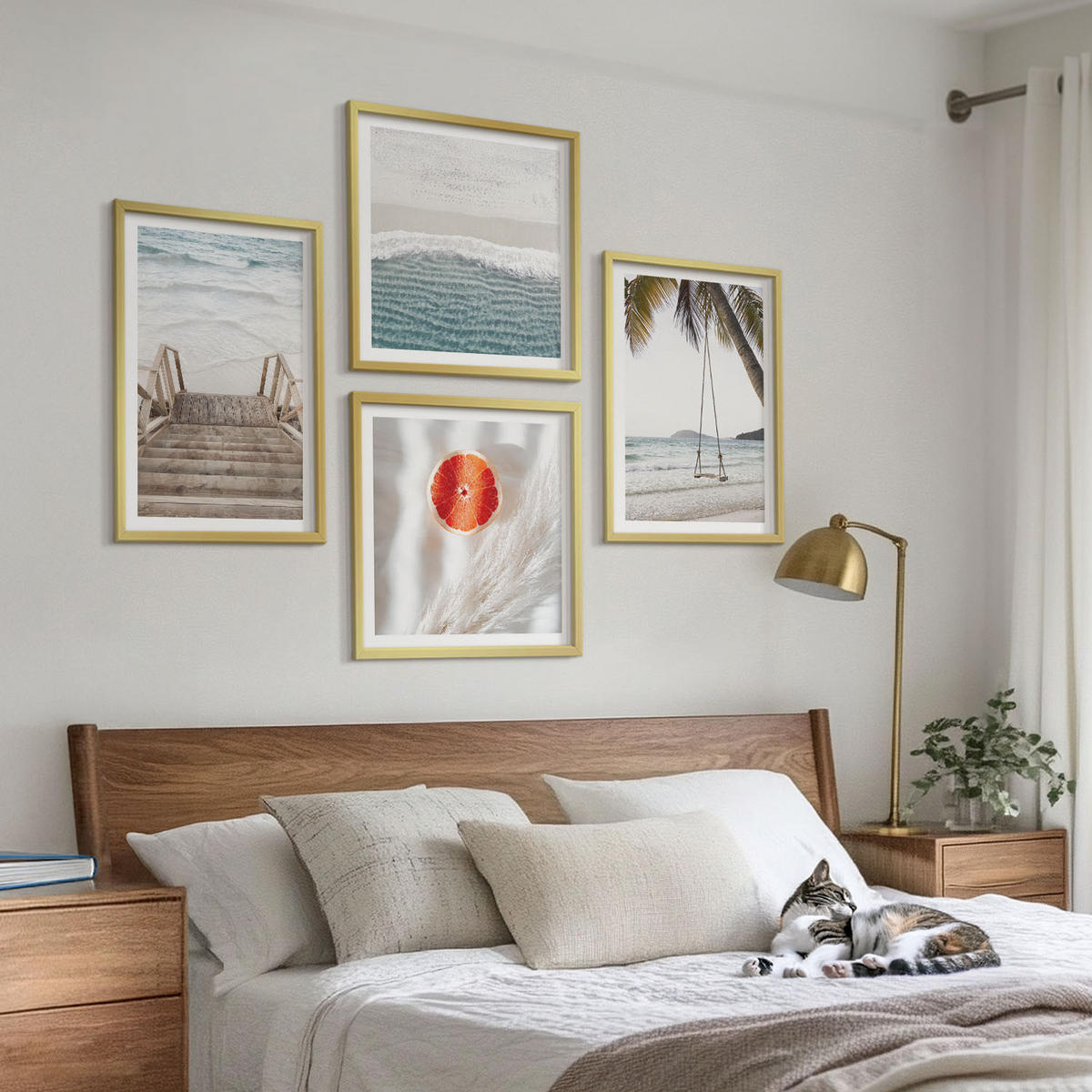 WANDBILDER 4er Set - 50x50 cm & 40x60 cm Goldrahmen - Strandatmosphäre dank hölzerner Treppen. - Goldfarben, Kunststoff (50/50cm) - ArtPrintCave