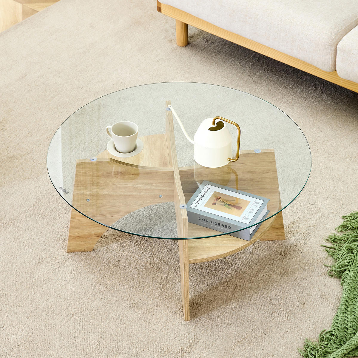 COUCHTISCH 80/80/36 cm transparent naturholzfarben aus Holzwerkstoff und Sicherheitsglas mit fächerförmigem Gestell - Naturfarben, Holzwerkstoff (80/80/36cm) - OKWISH