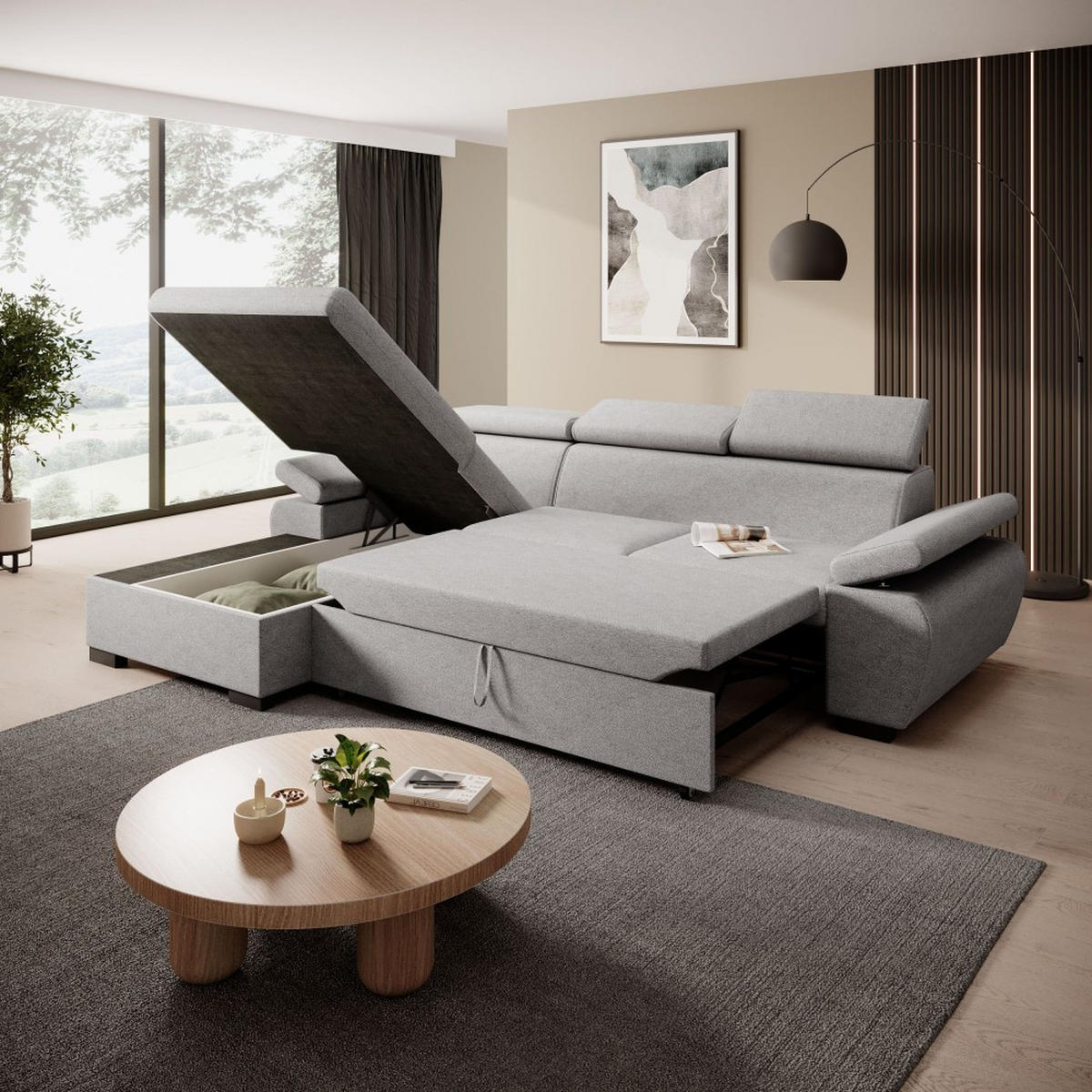 ECKSCHLAFSOFA Coco mit verstellbare Kopfstützen, hellgrau, links - Hellgrau, Textil (273/191cm) - Beautysofa