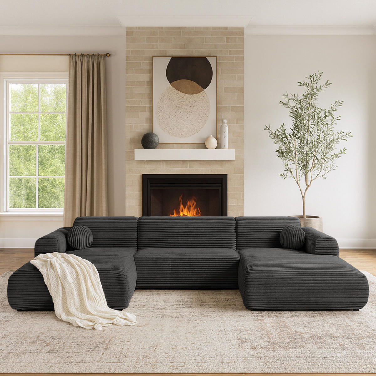 WOHNLANDSCHAFT Puerto U ohne Schlaffunktion, Schwarz, Cordstoff - Schwarz, Holzwerkstoff (363/76/170cm) - Beautysofa