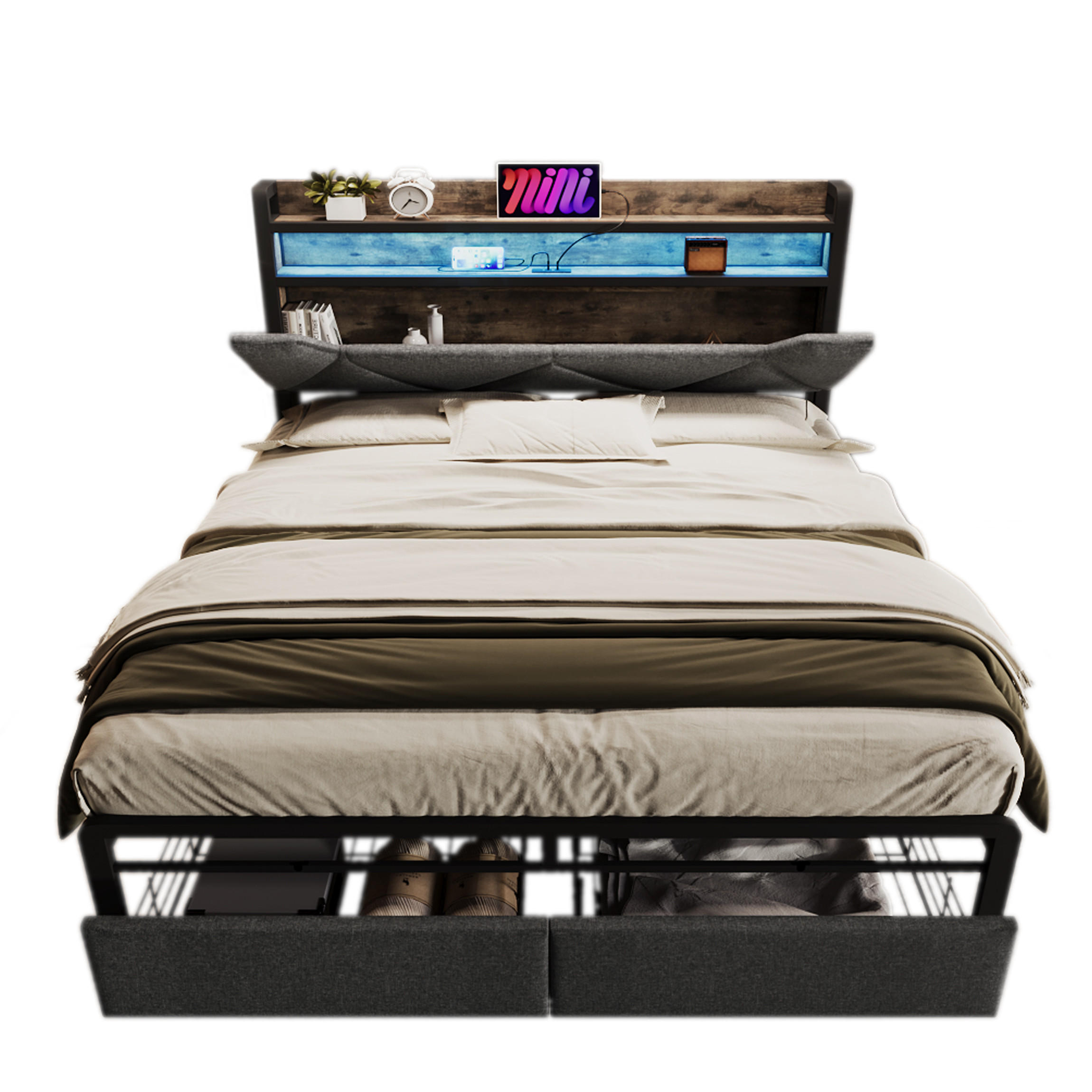 POLSTERBETT 160/200 cm in Grau Leinen mit 2 Schubladen, LED, USB und Type-C - Grau, Holzwerkstoff/Textil (160/200cm) - WISHDOR