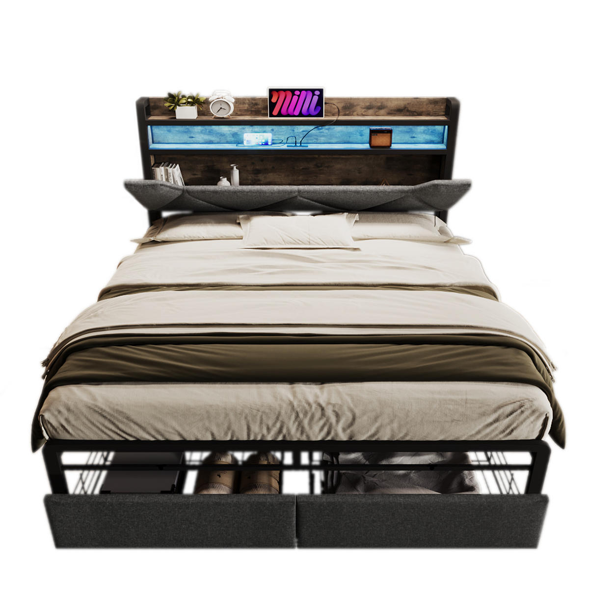 POLSTERBETT 160/200 cm DE-00945, in Grau, LED und Matratze - Grau, Metall (160/200cm) - ComfortXL