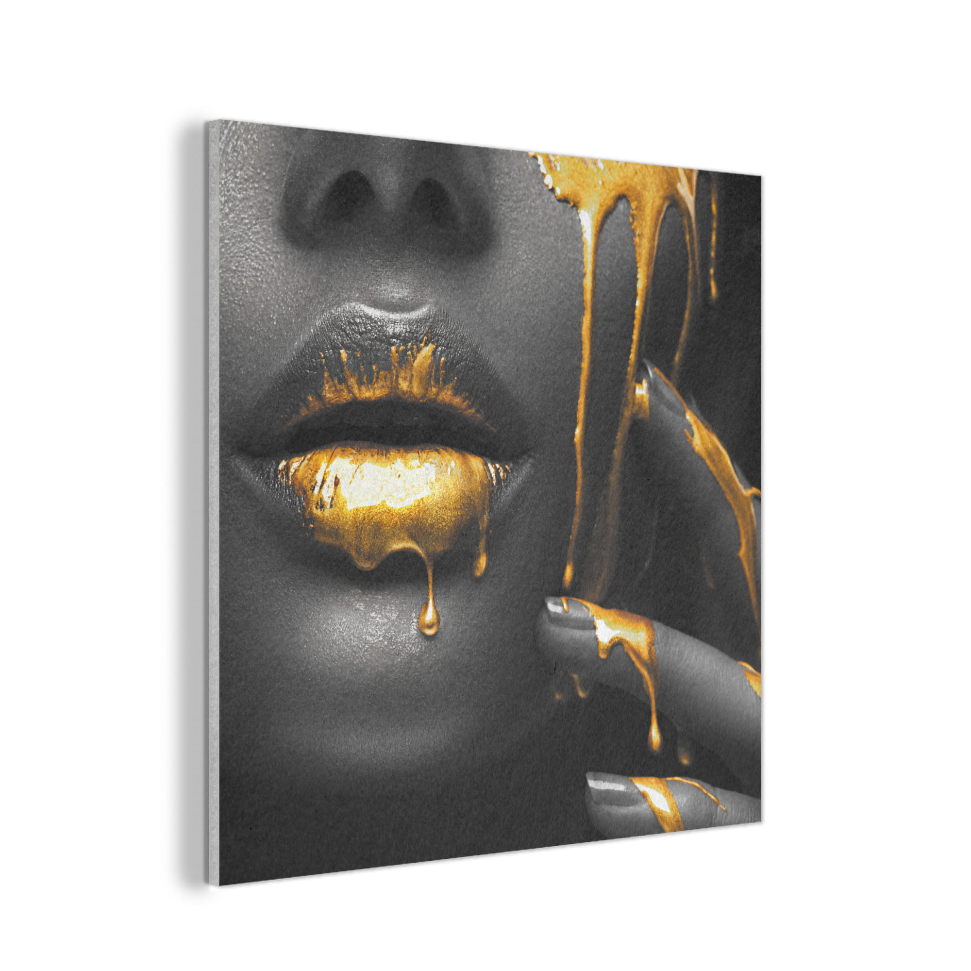 AKUSTIKPANEEL Frau - Schwarz - Gold - Gesicht - Lippen 90x90 cm - Goldfarben, Textil (90/0.9/90cm) - MuchoWow