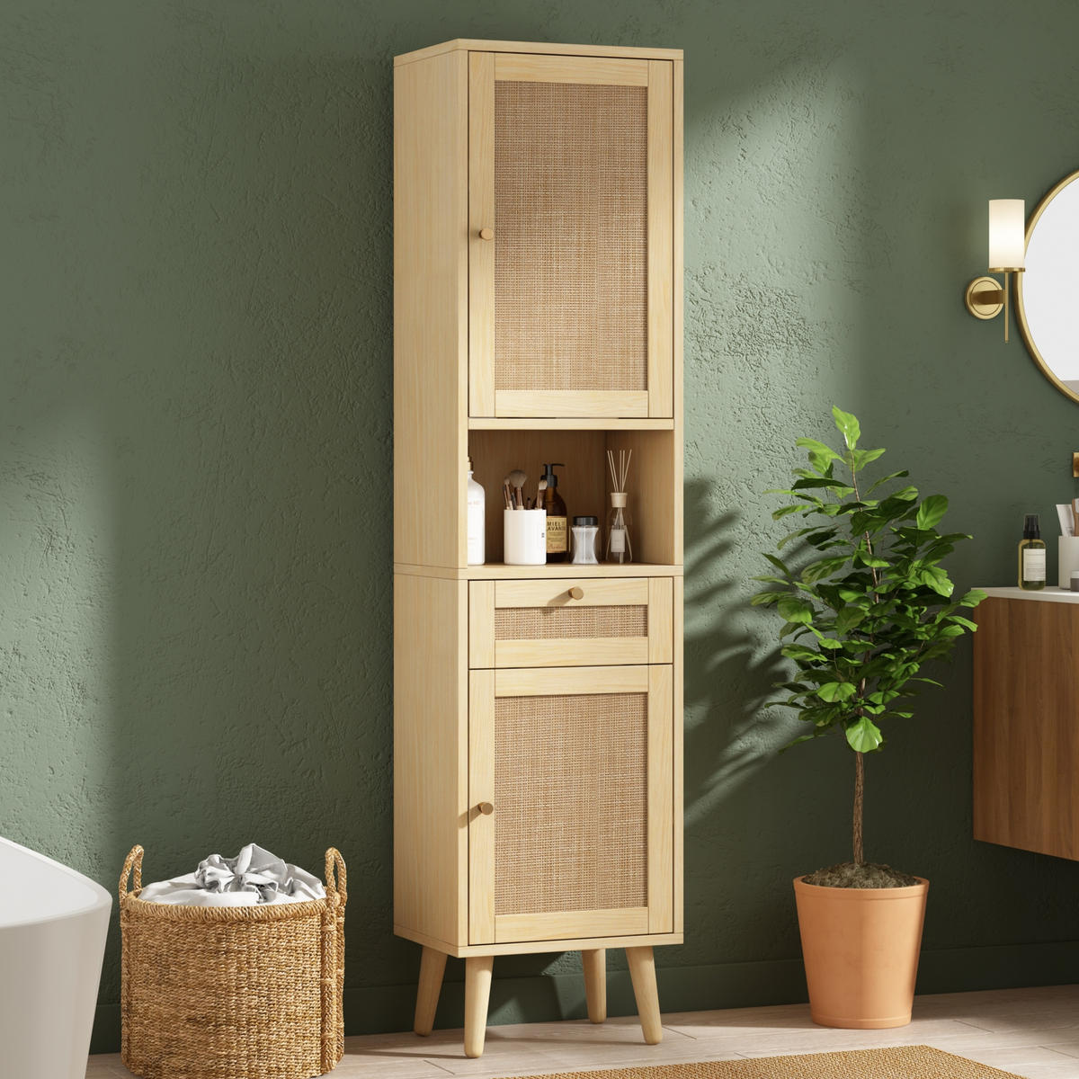 HOCHSCHRANK Naturfarben mit wendbaren Rattan‑Schranktüren und goldenen Griffen, 40 × 30 × 166 cm - Naturfarben, Holzwerkstoff (40/166/30cm) - Luhomfu