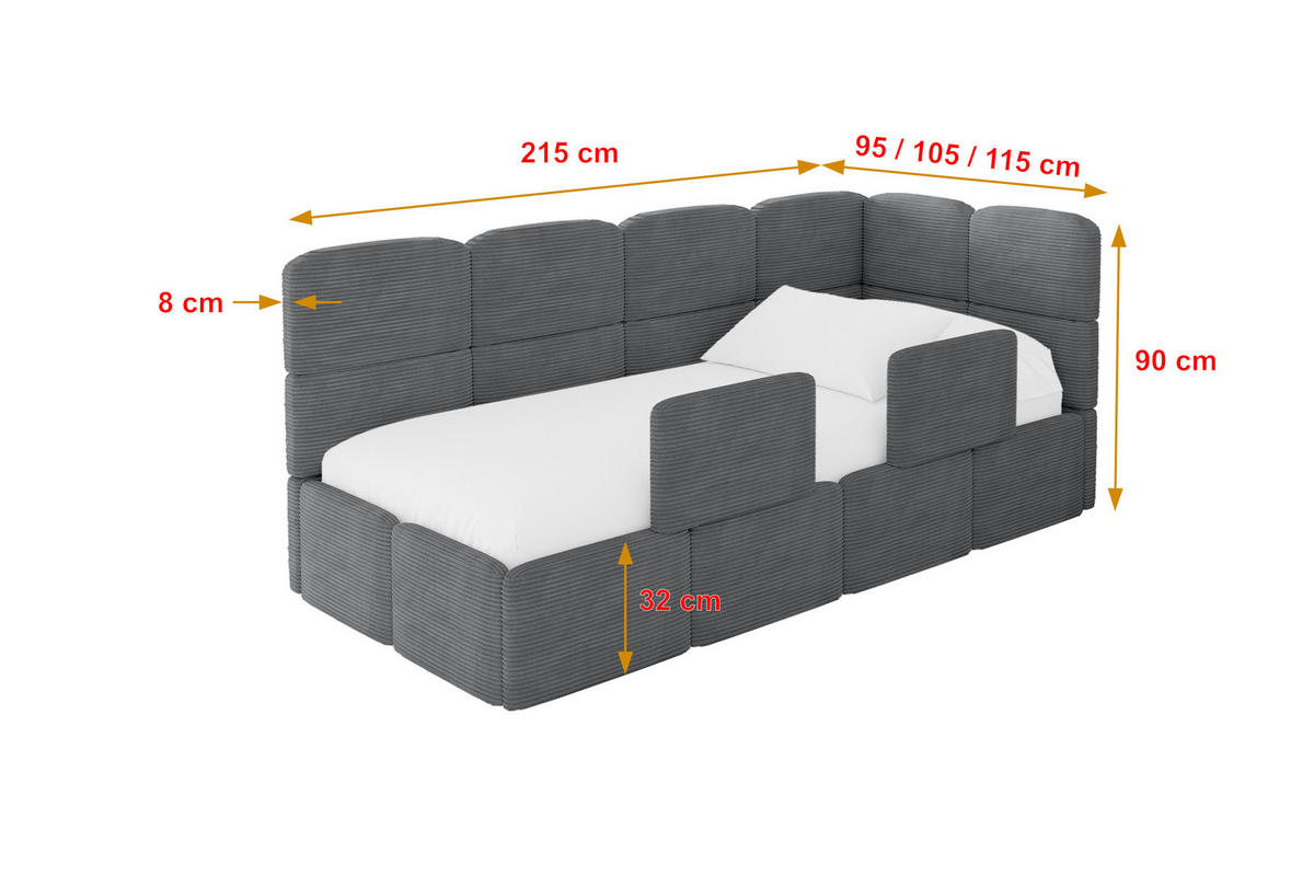 EINZELLBETT Jugendbett mit Bettkasten, Links - KIVY 90x200 Dunkelgrau - Dunkelgrau, Holzwerkstoff/Textil (90/200cm) - ALTDECOR