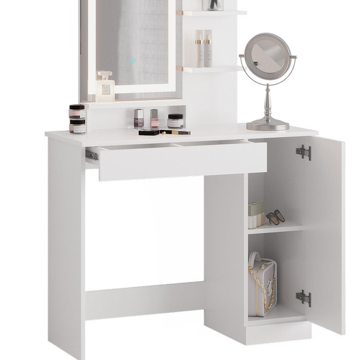 SCHMINKTISCH Julia Weiß 90 cm mit LED-Spiegel - Weiß, Holzwerkstoff (90/137.5/38cm) - Vicco