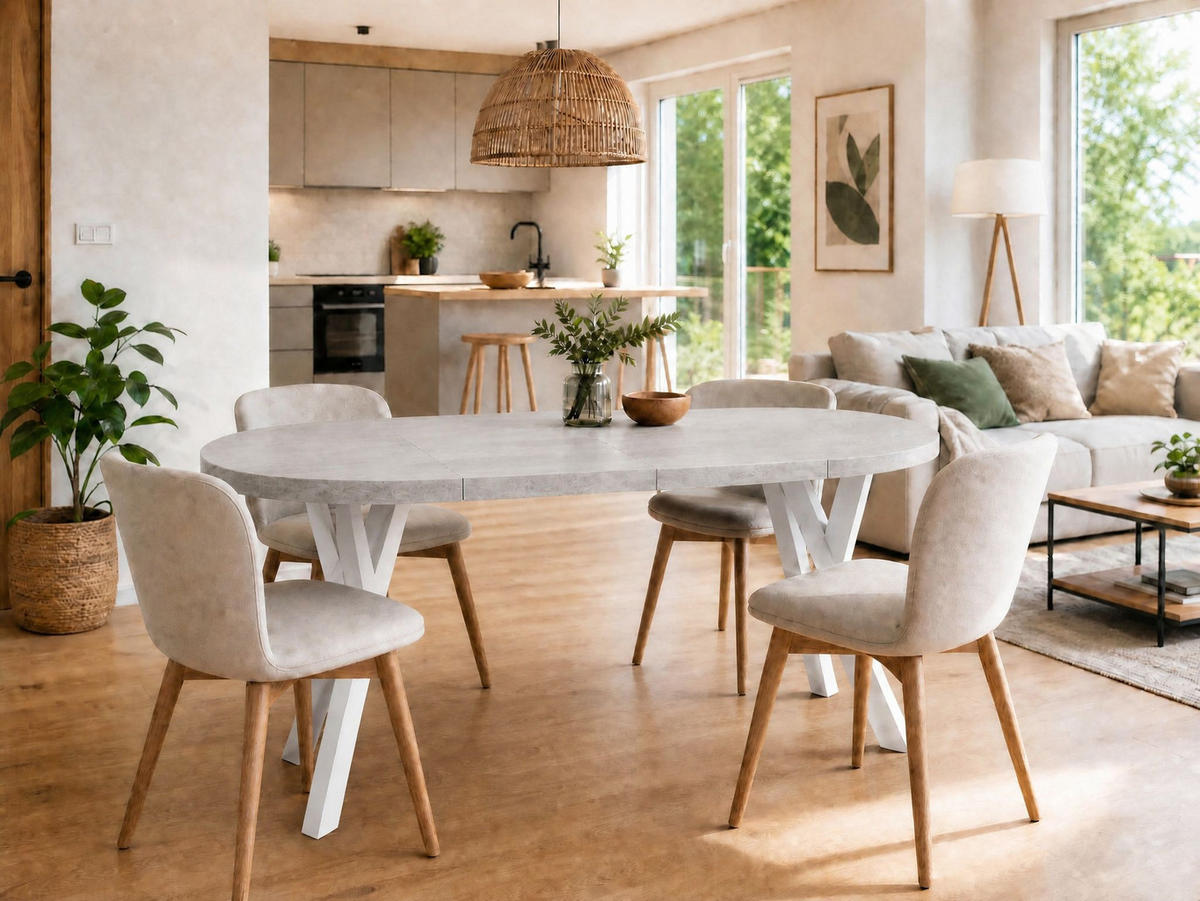 ESSTISCH ausziehbar rund ATO, 100-140 cm, Dekor Beton, weiße Holzbeine - Weiß/Grau, Holzwerkstoff/Buchenholz (100/100/77cm) - VENASI MÖBEL