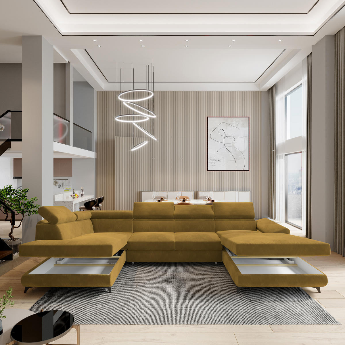 WOHNLANDSCHAFT RUBANO L-S Gelb Velours-Stoff mit Schlaffunktion - Gelb, Holz (339/89/190cm) - MASSENO