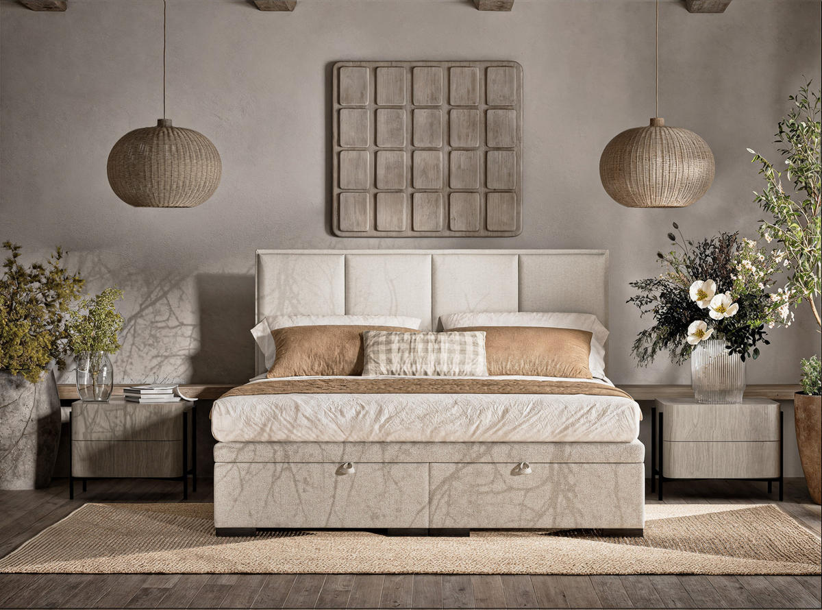 POLSTERBETT Fogo 180/200 cm, in Ecru, Bettkasten, gepolstertes Kopfteil - Ecru/Schwarz, Holz/Holzwerkstoff (180/200cm) - Maison de Reve