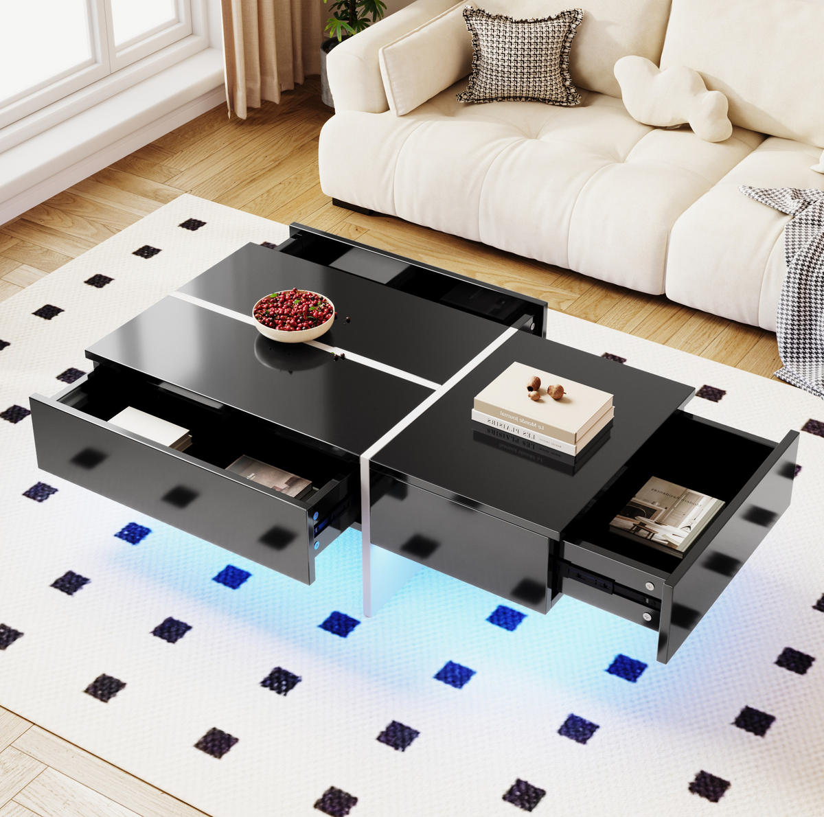 KONFERENČNÍ stolek, 100/50/34,5 cm černý, s LED osvětlením a 3 zásuvkami - černá, kompozitní dřevo (100/50/34.5cm) - BEAOK