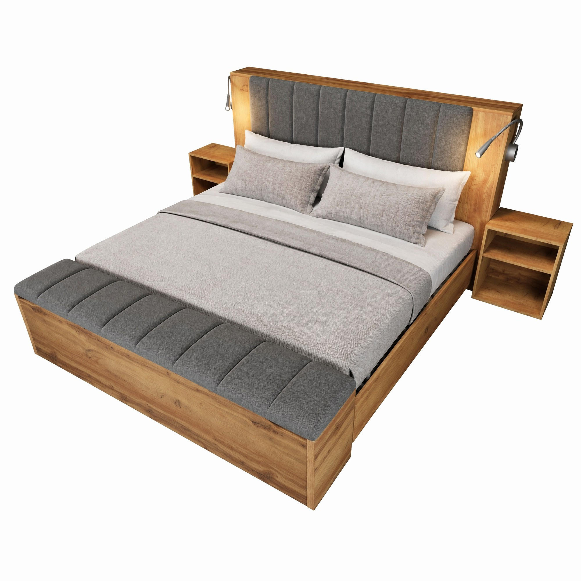 BETT 160/200 cm in Eiche mit Leselampen, USB und Bettbank - Eichefarben, Holz/Holzwerkstoff (160/200cm) - CHICFURN