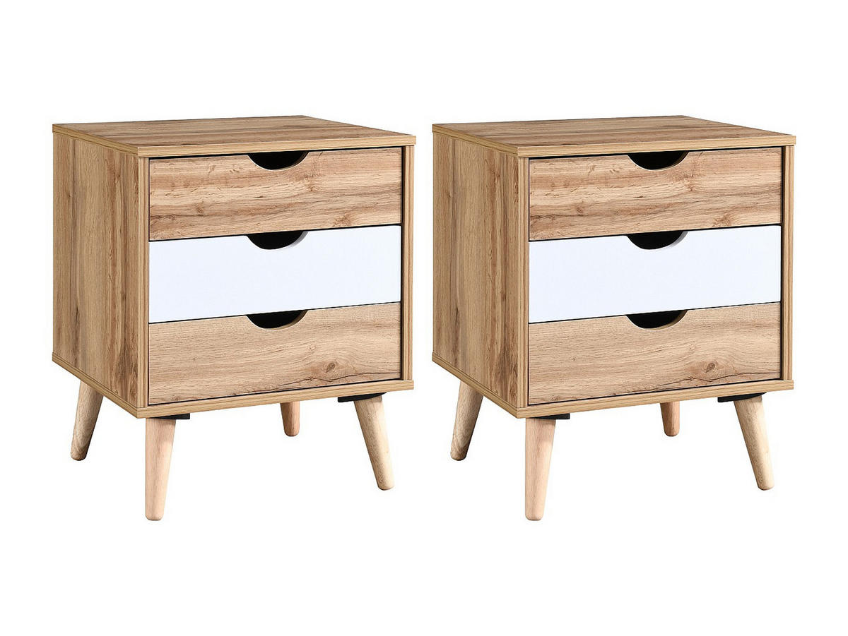2ER-SET Nachttische mit 3 Schubladen - Holzfarben & Weiß - LURVIA - Naturfarben, Holz (45/57/40.5cm) - Vente-Unique