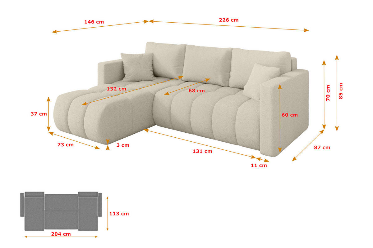 ROHOVÁ SEDAČKA s funkcí spaní, otoman vlevo GARD-L 226x146x85 béžová bouclé - černá/písková barva, kompozitní dřevo/textil (226/146cm) - ALTDECOR