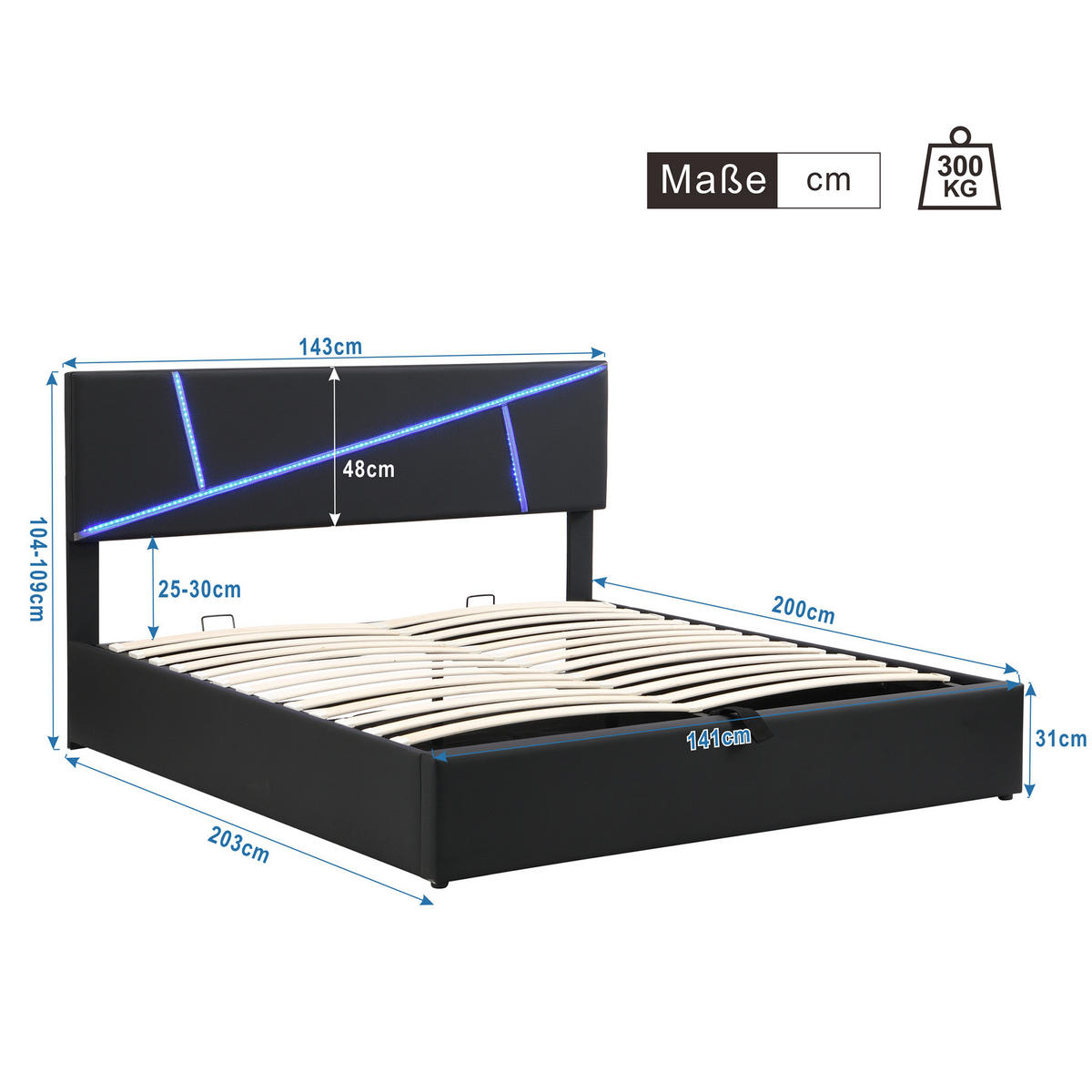 POLSTERBETT 140/200 cm mit LED-Beleuchtung, hydraulischem Bettkasten und Lattenrost aus PU, Schwarz - Schwarz, Kunststoff (140/200cm) - Redom