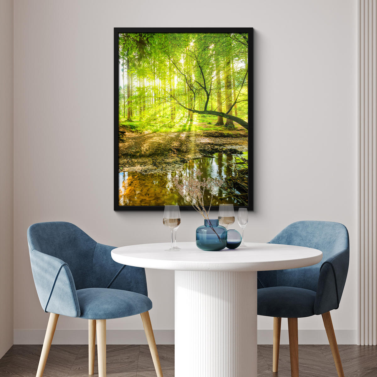 GERAHMTES BILD Wald - Landschaft - Wasser - Bäume - Sonne - Grün - Natur 60x80 cm - Grün, Papier (60/80cm) - MuchoWow