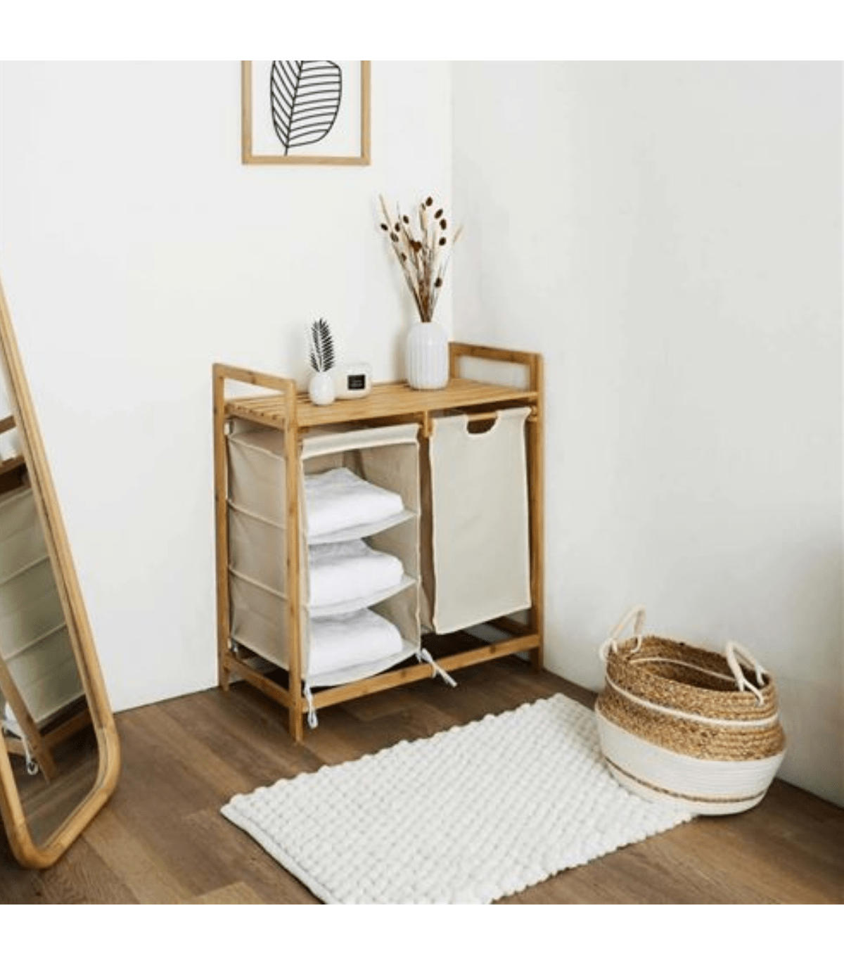 BADEZIMMER-ORGANIZER mit 4 Fächern aus Bambus und Stoff 38/69,5/77 cm - Eschefarben, Holz (38/69.5/81cm) - Calicosy