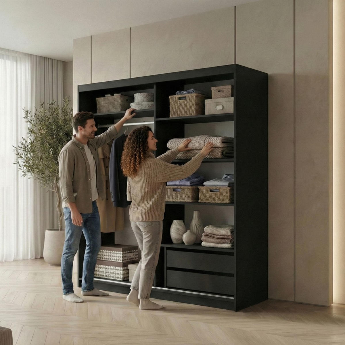 SCHWEBETÜRENSCHRANK Hela 180/205/60 2-türig schwarz mit Schubladen - Schwarz, Holzwerkstoff (180/205/60cm) - Beautysofa