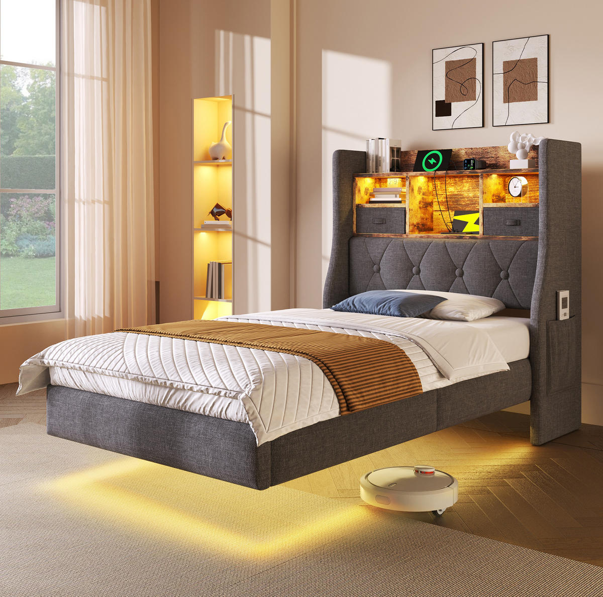 POLSTERBETT 90/200 cm aus Leinen mit LED-Beleuchtung, USB- und Type-C-Anschluss, Stauraum-Kopfteil, Grau - Grau, Textil (90/200cm) - Redom