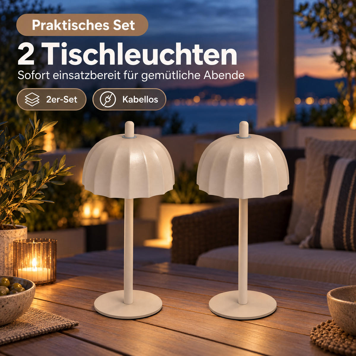 LED-TISCHLEUCHTE Umbrella schwarz 21cm Metall 2er-Set beige - Beige, Metall (10/10/21cm) - Northpoint