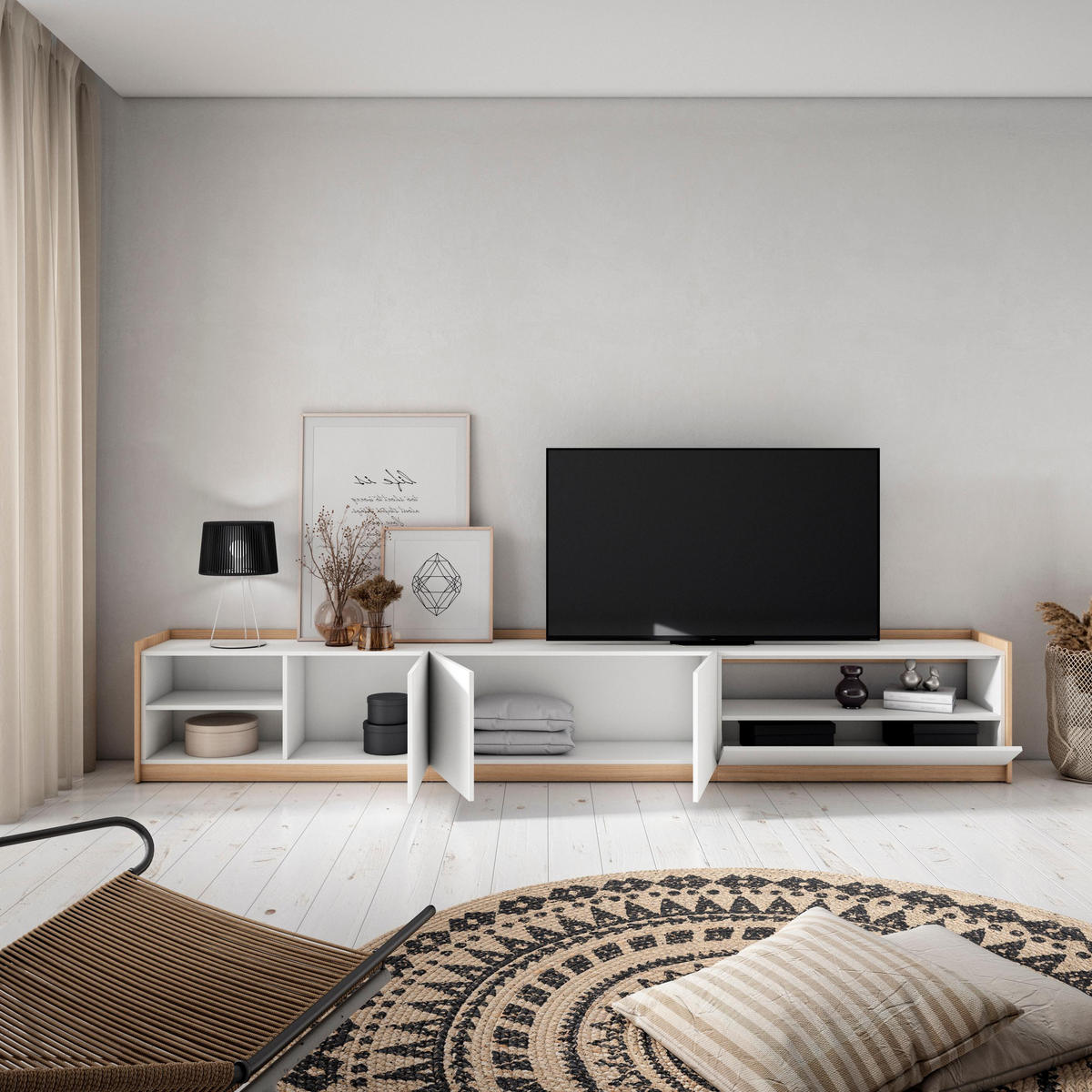 TV-SCHRANK, Lowboard, Weiß und Eiche Soft, 310/37/50cm - Weiß, Holzwerkstoff (310/50/37cm) - Skraut Home