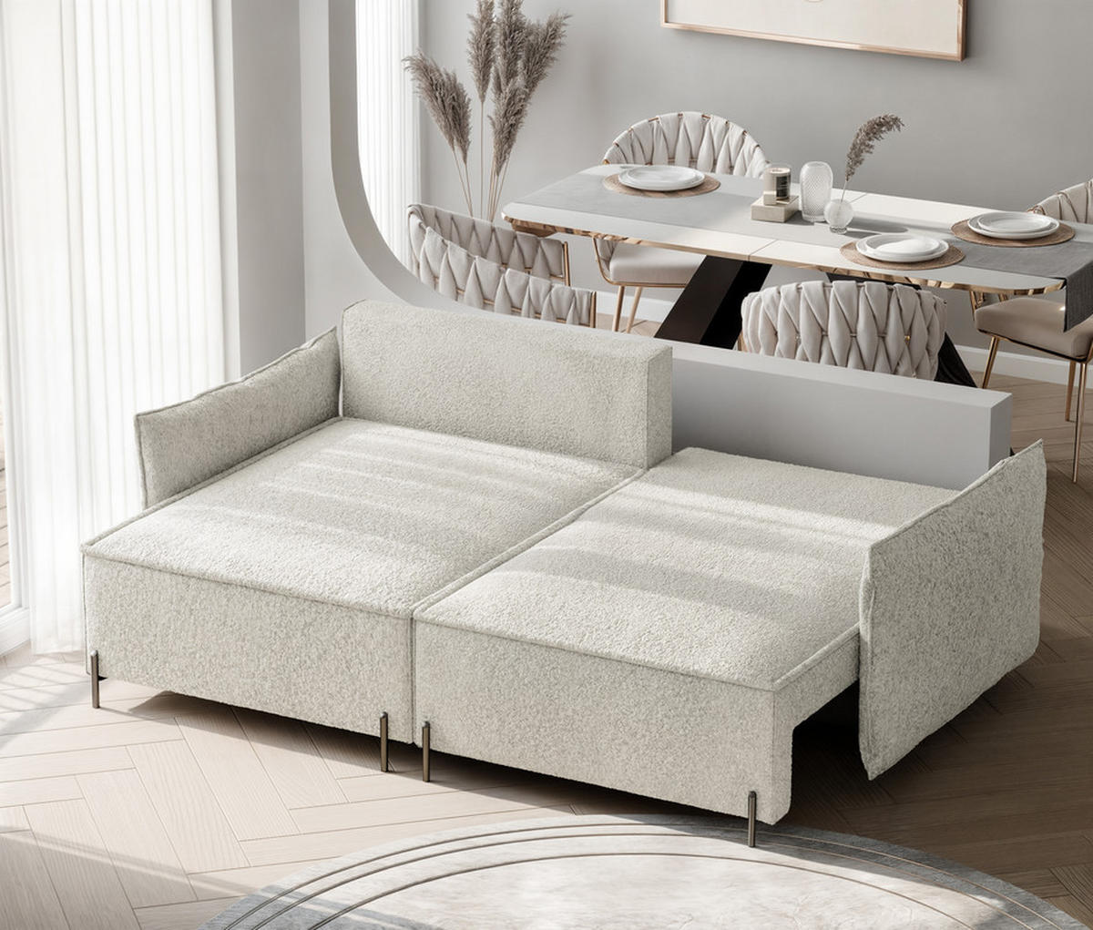 ROHOVÁ SEDAČKA MARCO pravá, s funkcí spaní a úložným prostorem, krémová - krémová, kov/textil (221/148cm) - Idohome