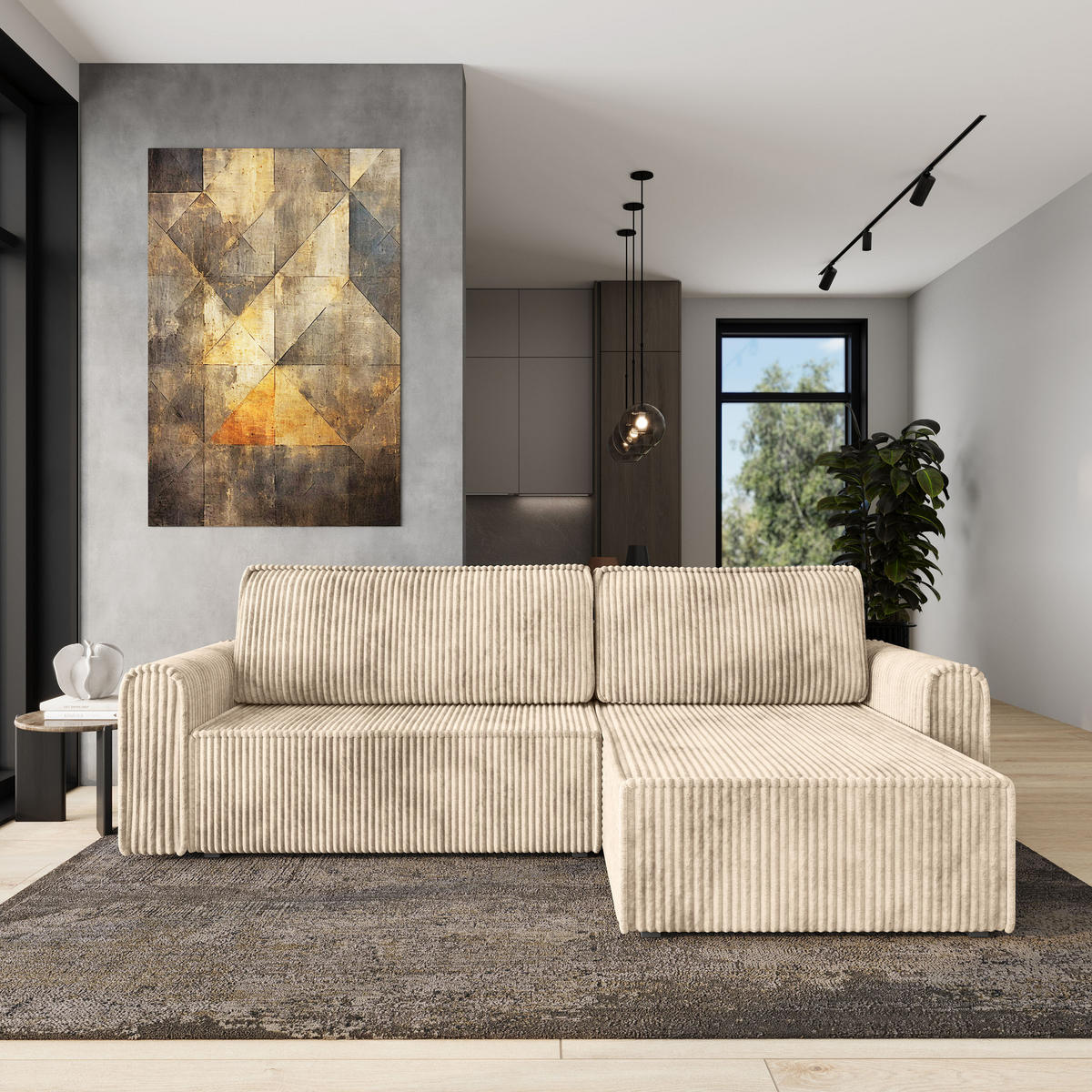 ECKSOFA VALTINO Creme Kordstoff mit Schlaffunktion - Creme, Holz (275/148cm) - MASSENO