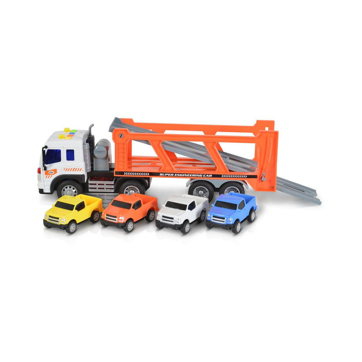SPIELZEUG AUTOTRANSPORTER Autotransporter WY572A orange 1:16, Soundfunktion, Ladefläche, 4 Autos, Kunststoff, Autotransporter - Orange, Kunststoff (9/13/38cm) - Moni