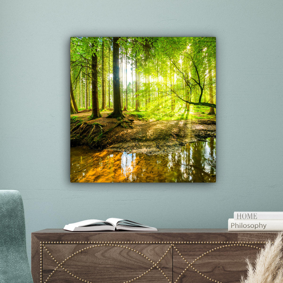 LEINWANDBILD Wald - Landschaft - Wasser - Bäume - Sonne - Grün - Natur Wandbild Wohnzimmer 50x50 cm - Grün, Textil (50/50cm) - MuchoWow